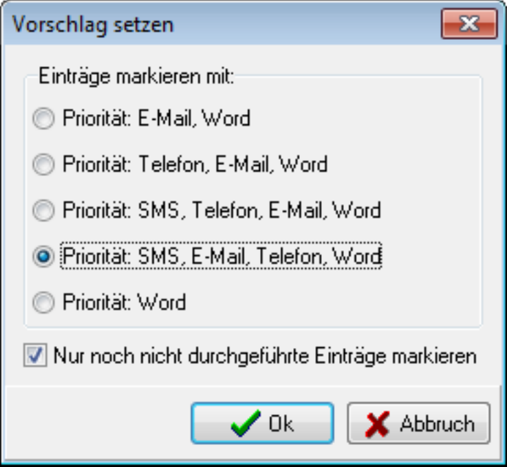 Dialog Vorschlag setzen mit der Gruppe Einträge markieren mit und fünf Prioritäts-Optionen sowie dem Kontrollkästchen Nur noch nicht durchgeführte Einträge markieren
