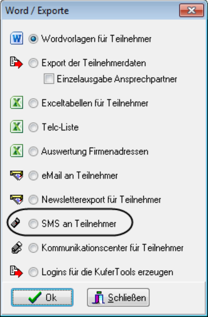 Dialog Word / Exporte mit den Optionen Wordvorlagen für Teilnehmer, Export der Teilnehmerdaten, Exceltabellen für Teilnehmer, eMail an Teilnehmer, Newsletterexport für Teilnehmer und der schwarz umkreisten Option SMS an Teilnehmer
