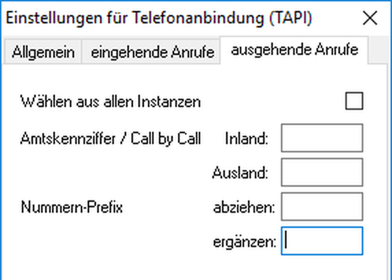 Dialog Einstellungen für Telefonanbindung (TAPI), Reiter ausgehende Anrufe mit dem Kontrollkästchen Wählen aus allen Instanzen, den Feldern Amtskennziffer / Call by Call für Inland und Ausland sowie Nummern-Prefix abziehen und ergänzen