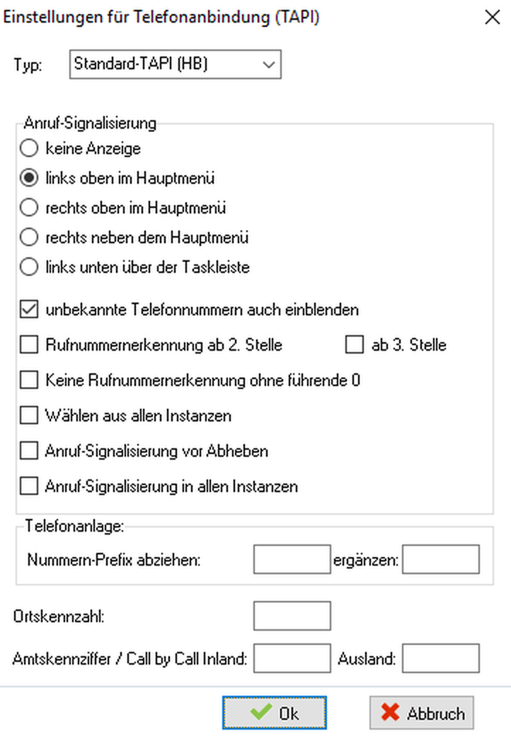 Dialog Einstellungen für Telefonanbindung (TAPI) mit dem Feld Typ, der Gruppe Anruf-Signalisierung, den Kontrollkästchen Rufnummernerkennung ab 2. Stelle und ab 3. Stelle, der Gruppe Telefonanlage mit Nummern-Prefix abziehen und ergänzen sowie den Feldern Ortskennzahl und Amtskennziffer / Call by Call