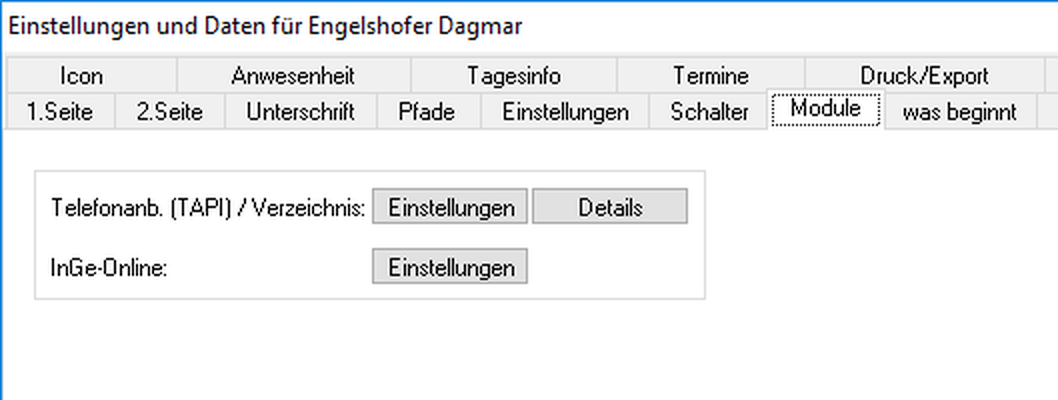 Detail-Dialog der Benutzerverwaltung, Reiter Module mit der Zeile Telefonanb. (TAPI) / Verzeichnis und den Schaltflächen Einstellungen und Details sowie der Zeile InGe-Online
