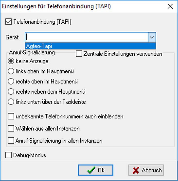 Benutzerbezogener Dialog Einstellungen für Telefonanbindung (TAPI) mit dem Kontrollkästchen Telefonanbindung (TAPI), dem aufgeklappten Auswahlfeld Gerät, dem Kontrollkästchen Zentrale Einstellungen verwenden, der Gruppe Anruf-Signalisierung und dem Kontrollkästchen Debug-Modus