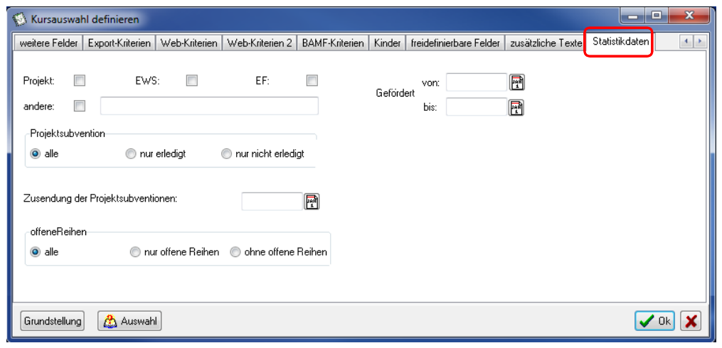 Fenster Kursauswahl definieren – die rot umrahmte Seite Statistikdaten mit den Filtern für Projekt, Förderung und Projektsubvention