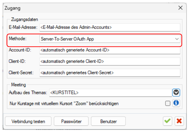 Dialog Zugang mit der Gruppe Zugangsdaten und den Feldern E-Mail-Adresse, rot umrandet Methode mit dem Wert Server-To-Server OAuth App, Account-ID, Client-ID und Client-Secret sowie der Gruppe Meeting mit Aufbau des Themas und dem Kontrollkästchen Nur Kurstage mit virtuellem Kursort Zoom berücksichtigen und den Schaltflächen Verbindung testen, Passwörter und Benutzer