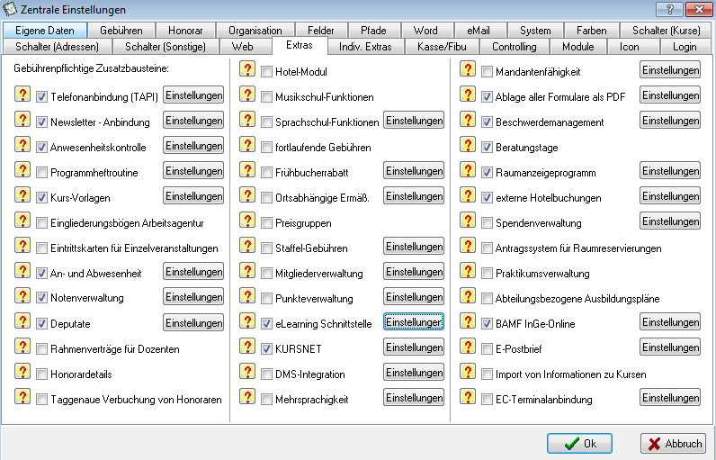 Zentrale Einstellungen, Reiter Extras – Liste der gebührenpflichtigen Zusatzbausteine mit aktivierter eLearning Schnittstelle und Schaltfläche Einstellungen