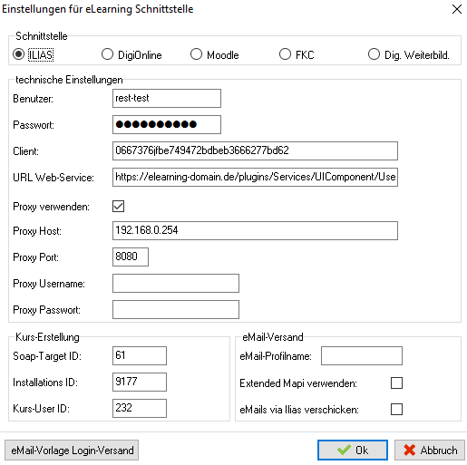 Dialog Einstellungen für eLearning Schnittstelle mit ausgewählter Option ILIAS – technische Einstellungen, Proxy-Angaben, Kurs-Erstellung und eMail-Versand