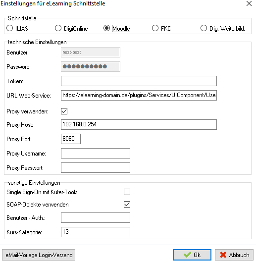 Dialog Einstellungen für eLearning Schnittstelle mit ausgewählter Option Moodle – Token, URL Web-Service, Proxy-Angaben und sonstige Einstellungen