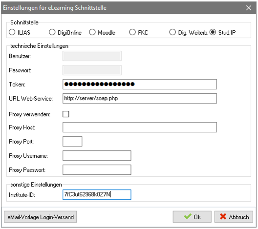 Dialog Einstellungen für eLearning Schnittstelle mit ausgewählter Option Stud.IP – Token, URL Web-Service, Proxy-Angaben und Institute-ID