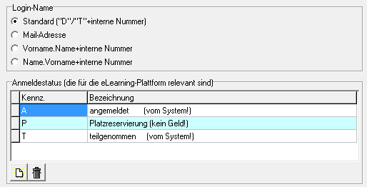 Bereich Login-Name mit vier Auswahloptionen und Bereich Anmeldestatus mit Liste aus Kennzeichen und Bezeichnung