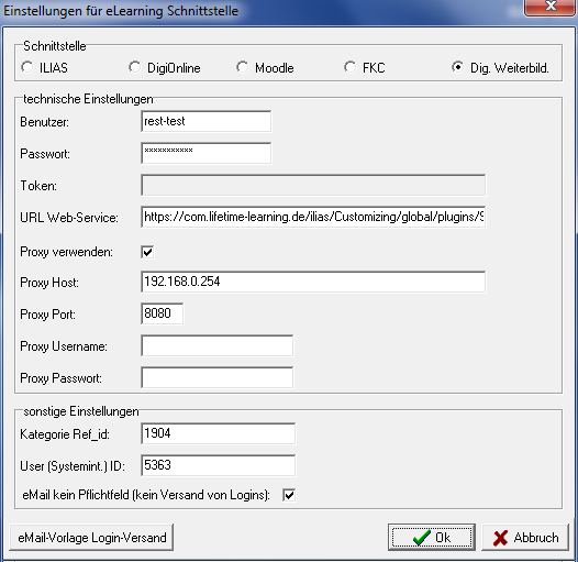 Dialog Einstellungen für eLearning Schnittstelle mit ausgewählter Option Dig. Weiterbild. – Benutzer, Passwort, URL Web-Service, Proxy-Angaben sowie sonstige Einstellungen mit Kategorie Ref_id, User (Systemint.) ID und eMail kein Pflichtfeld