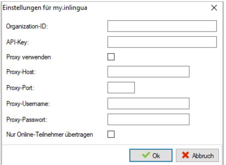 Dialog Einstellungen für my.inlingua mit leeren Feldern für Organization-ID, API-Key und Proxy-Angaben