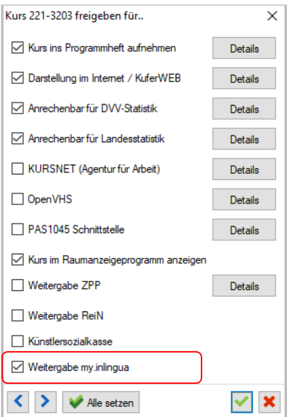 Dialog Kurs 221-3203 freigeben für.. – Kontrollkästchen Weitergabe my.inlingua rot markiert