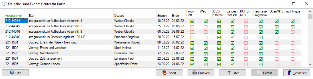 Freigabe- und Export-Center für Kurse – Kursliste mit Freigabe-Spalten, rechts die Spalte my.inlingua