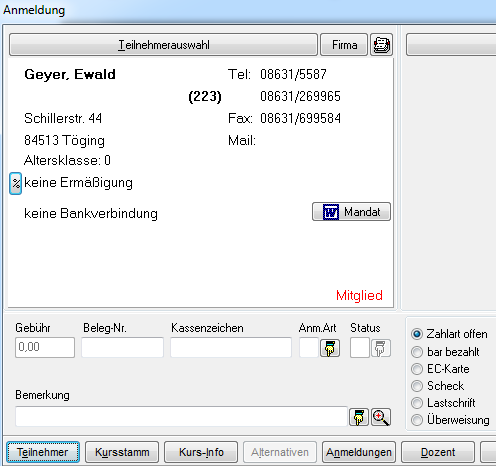 Anmeldebildschirm mit Adressblock des Teilnehmers und rotem Schriftzug Mitglied unten rechts