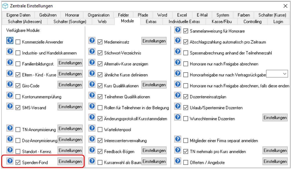 Karteikarte Module der Zentralen Einstellungen mit drei Spalten verfügbarer Module; der Eintrag Spenden-Fond samt Schaltfläche Einstellungen ist unten links rot markiert