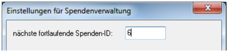 Dialog Einstellungen für Spendenverwaltung mit dem Feld nächste fortlaufende Spenden-ID