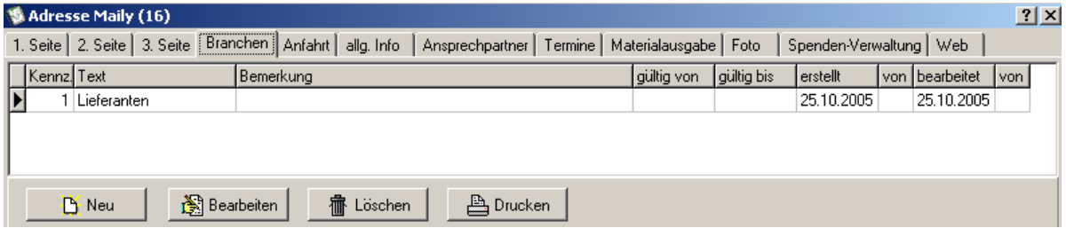 Adressenstamm mit aktivem Reiter Branchen – Tabelle mit Kennzeichen, Text, Bemerkung, gültig von, gültig bis, erstellt und bearbeitet