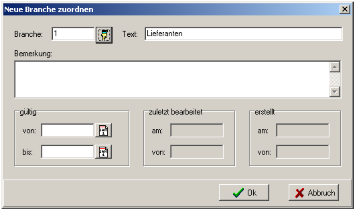 Dialog Neue Branche zuordnen mit Feldern Branche, Text, Bemerkung sowie den Gruppen gültig, zuletzt bearbeitet und erstellt