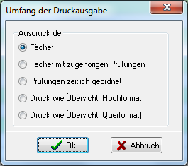 Dialog Umfang der Druckausgabe mit den fünf Optionen Fächer, Fächer mit zugehörigen Prüfungen, Prüfungen zeitlich geordnet, Druck wie Übersicht Hochformat und Druck wie Übersicht Querformat