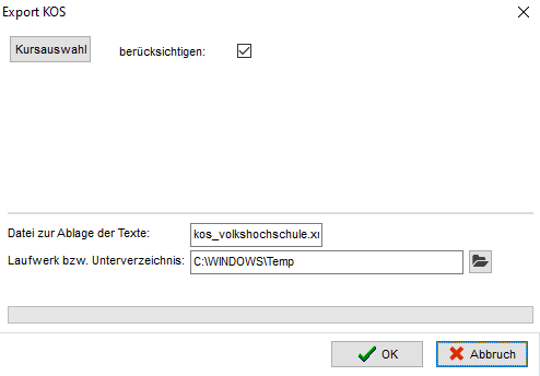 Dialog Export KOS mit Schaltfläche Kursauswahl, Häkchen berücksichtigen, Datei zur Ablage der Texte und Laufwerk bzw. Unterverzeichnis