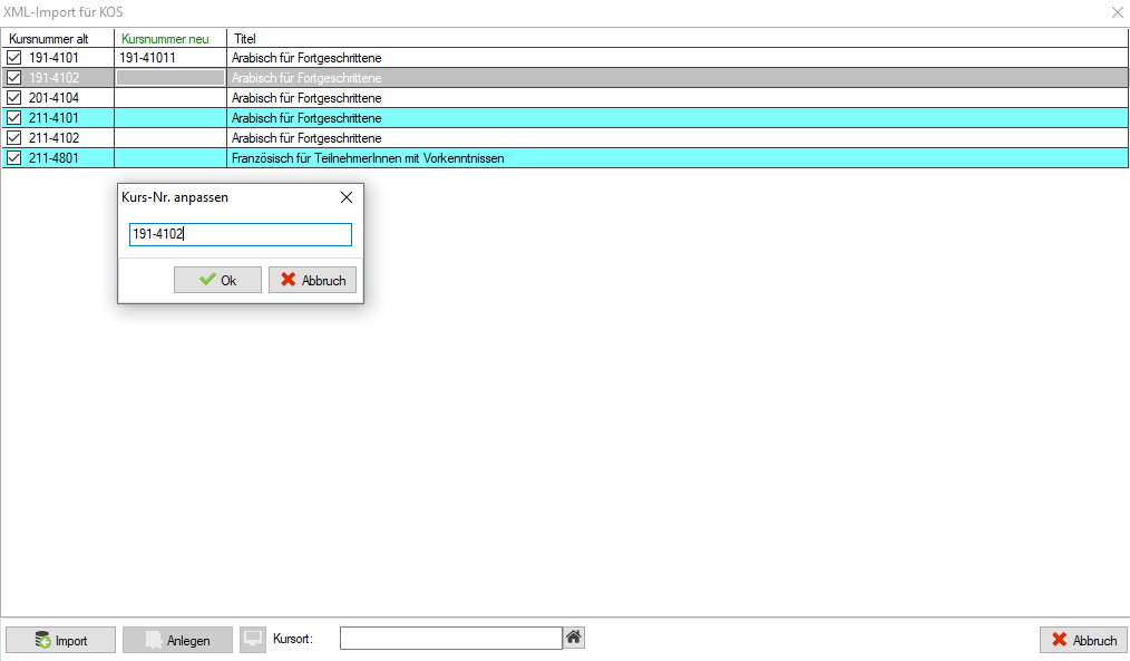 Dialog XML-Import für KOS mit Spalten Kursnummer alt, Kursnummer neu und Titel sowie geöffnetem Eingabefenster Kurs-Nr. anpassen