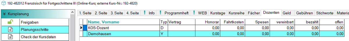 Reiter Dozenten des neu angelegten Kurses 192-482012 mit den beiden Einträgen KOS-Dozent (Typ D) und Demohausen (Typ Y)