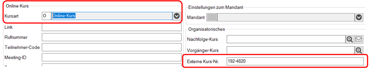 3. Seite der Kursstammdaten mit rot umrahmtem Feld Kursart mit dem Wert Online-Kurs und rot umrahmtem Feld Externe Kurs-Nr. mit dem Wert 192-4820