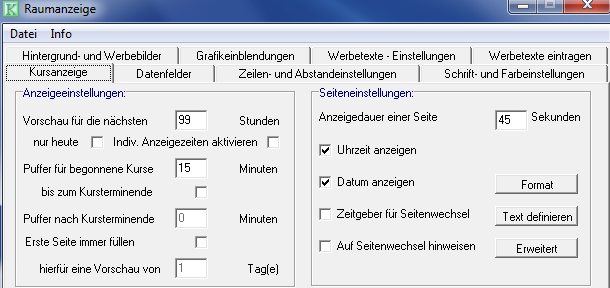 Reiter Kursanzeige – links Anzeigeeinstellungen mit Vorschau und Puffer-Zeiten, rechts Seiteneinstellungen mit Anzeigedauer, Uhrzeit, Datum und Zeitgeber