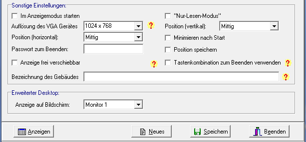 Bereich Sonstige Einstellungen – Anzeigemodus, Nur-Lesen-Modus, Auflösung des VGA-Gerätes, Position, Passwort zum Beenden, Bezeichnung des Gebäudes und Erweiterter Desktop mit Monitorauswahl