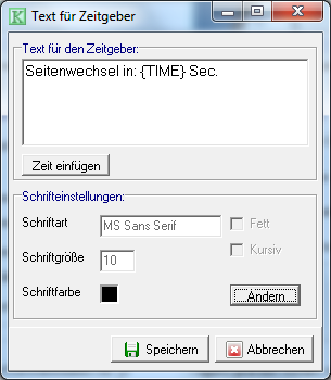 Fenster Text für Zeitgeber – Eingabefeld für den Zeitgeber-Text, Schaltfläche Zeit einfügen und Schrifteinstellungen mit Schriftart, Schriftgröße und Schriftfarbe