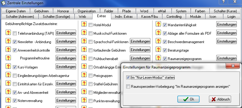 Zentrale Einstellungen, Reiter Extras mit aktiviertem Schalter Raumanzeigeprogramm und geöffnetem Dialog Einstellungen für Raumanzeigeprogramm