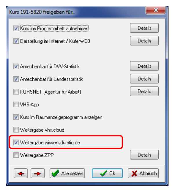 Freigabe-Dialog Kurs 191-5820 – rot umrahmter Schalter Weitergabe wissensdurstig.de