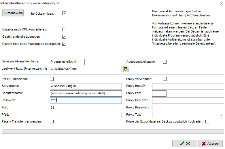 Dialog Internetaufbereitung wissensdurstig.de – Kursauswahl, Ausgabedatei, Zielverzeichnis und FTP-Zugangsdaten