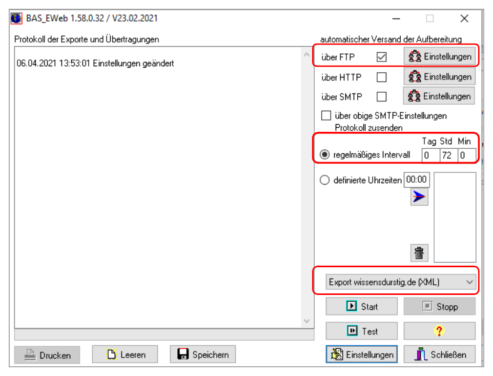 BAS_EWeb – rot umrahmt der Versandweg über FTP, das regelmäßige Intervall von 72 Stunden und die Auswahl Export wissensdurstig.de (XML)