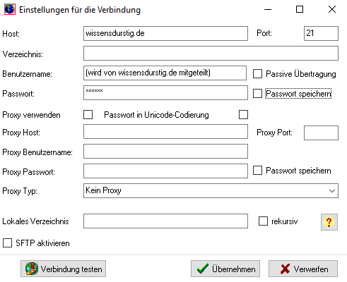 Dialog Einstellungen für die Verbindung – Host wissensdurstig.de, Port 21, Benutzername-Platzhalter, Proxy-Bereich und Option SFTP aktivieren