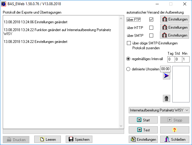 Hauptmaske BAS_EWeb 1.58.0.76 mit Protokoll der Exporte, aktiviertem Häkchen über FTP und dem Export Internetaufbereitung Portalnetz WISY — im Screenshot ist noch regelmäßiges Intervall aktiv