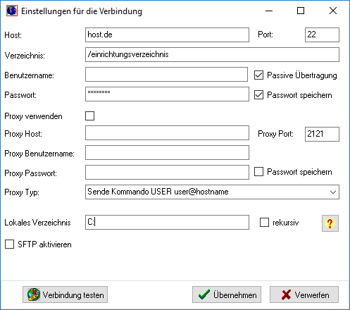 Dialog Einstellungen für die Verbindung mit Host, Port, Verzeichnis, Benutzername, Passwort, Proxy-Angaben und Schaltfläche Verbindung testen