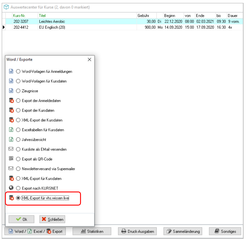 Auswertecenter für Kurse mit zwei Kursen und dem geöffneten Dialog Word / Exporte – die Option XML-Export für vhs.wissen live ist rot umrahmt und ausgewählt