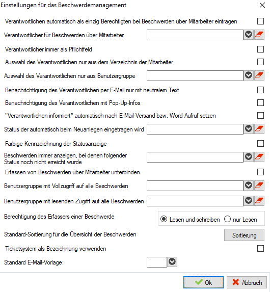 Dialog Einstellungen für das Beschwerdemanagement mit 18 Feldzeilen aus Kontrollkästchen, Auswahlfeldern, Optionsfeldern und der Schaltfläche Sortierung, unten die Schaltflächen Ok und Abbruch