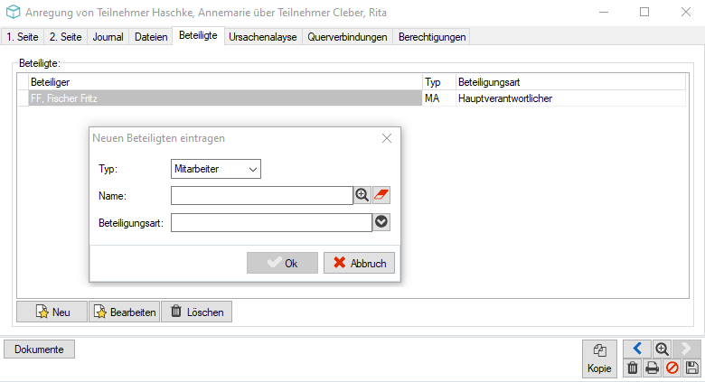 Reiter Beteiligte mit der Tabelle aus Beteiliger, Typ und Beteiligungsart und dem Dialog Neuen Beteiligten eintragen