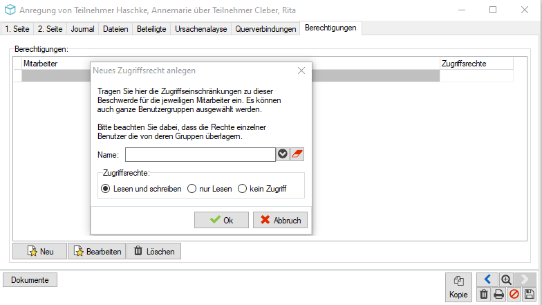 Reiter Berechtigungen mit der noch leeren Rechtetabelle aus Mitarbeiter und Zugriffsrechte und dem Dialog Neues Zugriffsrecht anlegen samt den drei Zugriffsstufen