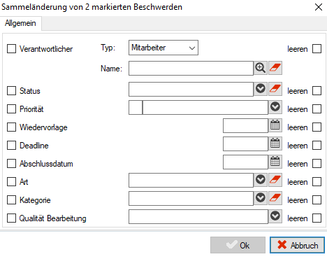 Dialog Sammeländerung von 2 markierten Beschwerden mit Kontrollkästchen für Verantwortlicher, Status, Priorität, Wiedervorlage, Deadline, Abschlussdatum, Art, Kategorie und Qualität Bearbeitung, jeweils mit der Option leeren