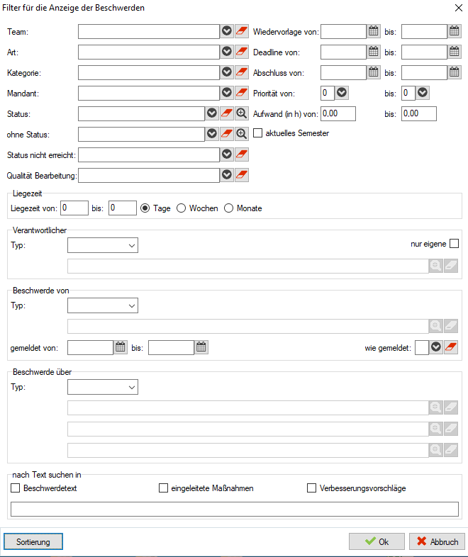 Dialog Filter für die Anzeige der Beschwerden mit den Feldern Team, Art, Kategorie, Mandant, Status, ohne Status, Status nicht erreicht, Qualität Bearbeitung, Zeitraumfeldern für Wiedervorlage, Deadline und Abschluss, Priorität, Aufwand, den Bereichen Liegezeit, Verantwortlicher, Beschwerde von und Beschwerde über sowie der Freitextsuche