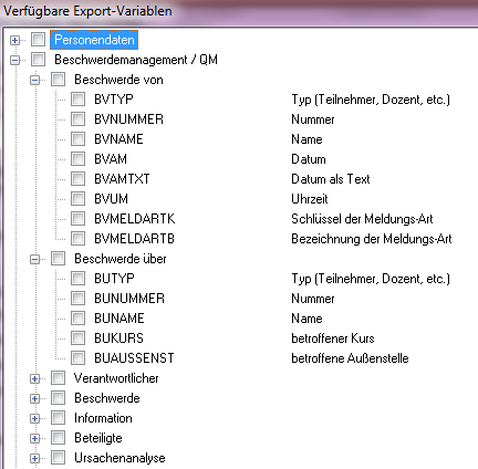Fenster Verfügbare Export-Variablen mit dem aufgeklappten Zweig Beschwerdemanagement / QM und den Unterzweigen Beschwerde von und Beschwerde über samt Variablennamen und Beschreibungen
