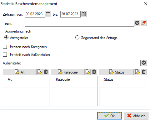 Dialog Statistik: Beschwerdemanagement mit Zeitraum, Team, der Auswahl nach Antragsteller oder Gegenstand des Antrags, den Kontrollkästchen Unterteilt nach Kategorien und Unterteilt nach Außenstellen sowie drei Listenfeldern für Art, Kategorie und Status