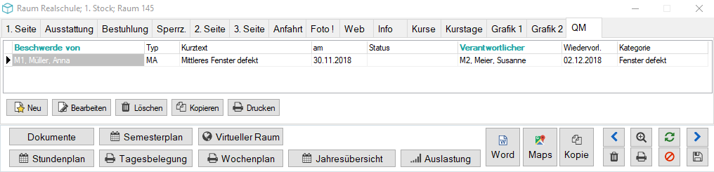 Raumstamm mit der Reiterzeile 1. Seite bis Grafik 2 und dem aktiven Reiter QM, darin eine einzelne Tabelle mit der Spalte Beschwerde von und dem Eintrag Mittleres Fenster defekt