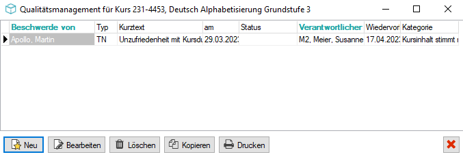 Fenster Qualitätsmanagement für Kurs 231-4453, Deutsch Alphabetisierung Grundstufe 3 mit einer Beschwerde-Zeile und den Schaltflächen Neu, Bearbeiten, Löschen, Kopieren und Drucken
