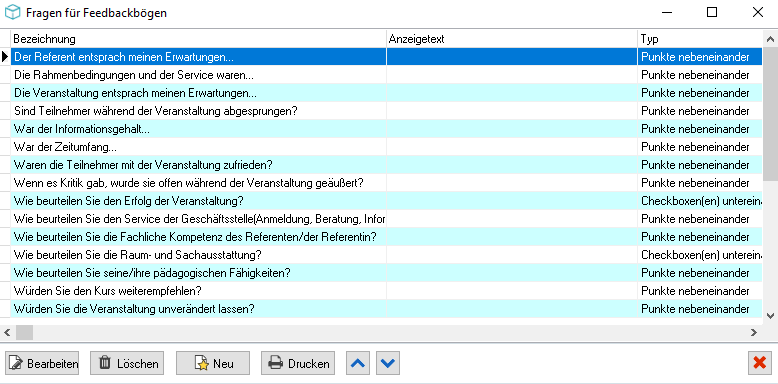 Fenster Fragen für Feedbackbögen mit den Spalten Bezeichnung, Anzeigetext und Typ sowie den Schaltflächen Bearbeiten, Löschen, Neu, Drucken und zwei Pfeil-Schaltflächen