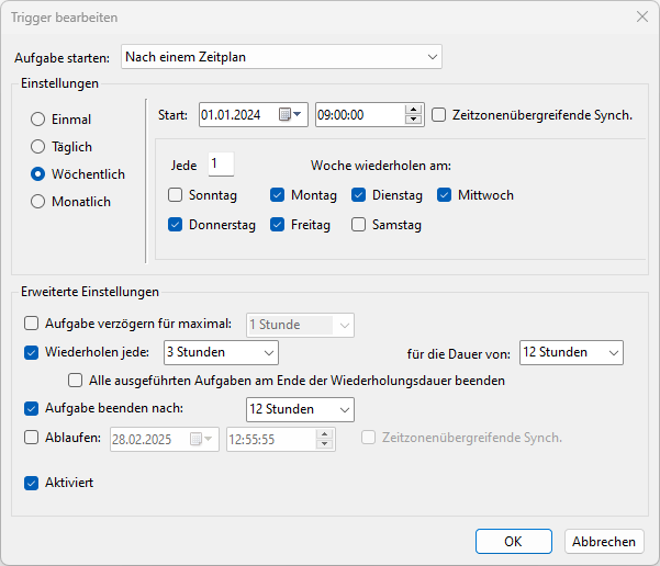 Dialog Trigger bearbeiten mit Zeitplan Wöchentlich, Wochentagen Montag bis Freitag, Start 01.01.2024 09:00:00 und Wiederholen jede 3 Stunden für die Dauer von 12 Stunden