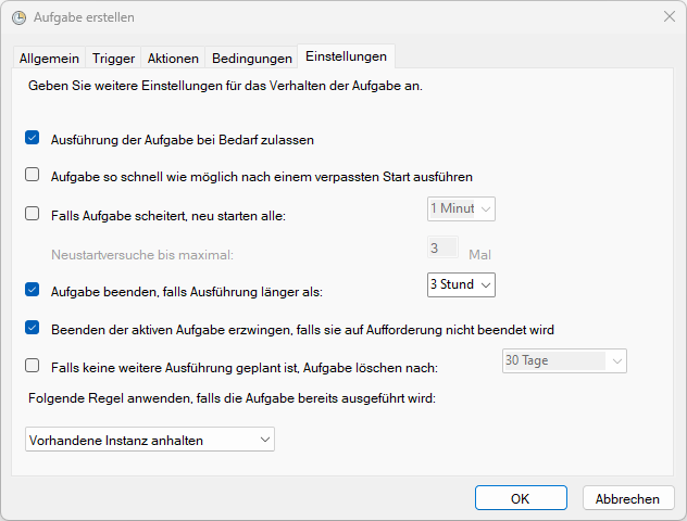 Dialog Aufgabe erstellen, Reiter Einstellungen mit aktivierter Option Aufgabe beenden, falls Ausführung länger als und der Auswahl Vorhandene Instanz anhalten